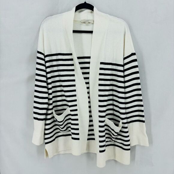 Loft women’s large white and navy striped knit cardigan traditional classic - Picture 3 of 9